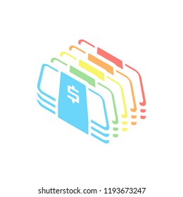 Pack of dollar money or vouchers. Business icon. Stack of colorful isometric icons on white background