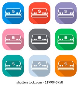 Pack of dollar money or vouchers. Business icon. Set of white icons on colored squares for applications. Seamless and pattern for poster