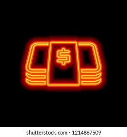 Pack of dollar money or vouchers. Business icon. Orange neon style on black background. Light icon