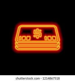 Pack of dollar money or vouchers. Business icon. Orange neon style on black background. Light icon