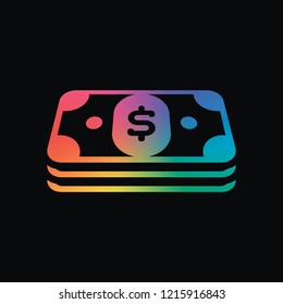 Pack of dollar money or vouchers. Business icon. Rainbow color and dark background