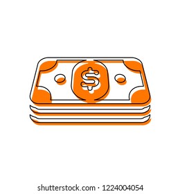 Pack of dollar money or vouchers. Business icon. Isolated icon consisting of black thin contour and orange moved filling on different layers. White background