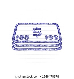 Pack of dollar money or vouchers. Business icon. Hand drawn sketched picture with scribble fill. Blue ink. Doodle on white background