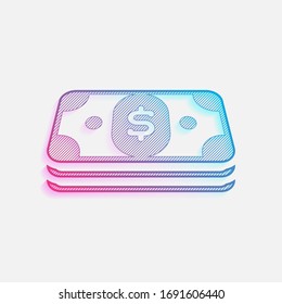 Pack of dollar money or vouchers. Business icon. Colored logo with diagonal lines and blue-red gradient. Neon graphic, light effect
