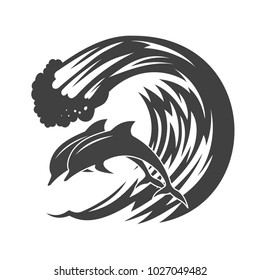 Pack of dolphins springing in waves, a monochrome icon.