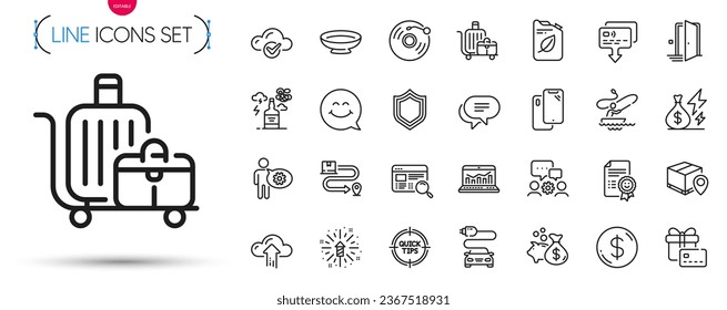 Pack of Door, Dish and Gift card line icons. Include Car charge, Card, Canister pictogram icons. Smartphone, Cogwheel, Smile face signs. Cloud computing, Smile, Engineering team. Vector