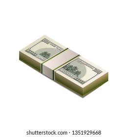 Pack of dummy one hundred US dollars banknote from back side in isometric view isolated on white