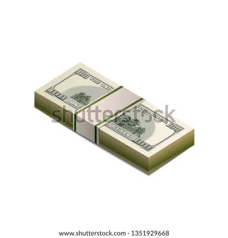 Pack of dummy one hundred US dollars banknote from back side in isometric view isolated on white