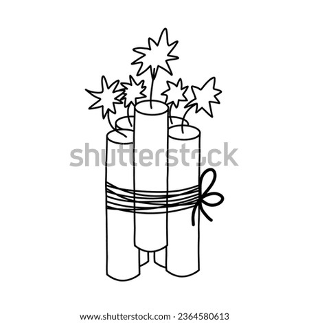 Pack of dynamite with lit fuse with hand drawn outline. Simple doodle sign of bomb, explosion, danger. Bundle of burning dynamite bomb stick. Vector doodle isolated on background. Symbol of Wild West