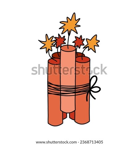 Pack of dynamite with lit fuse with hand drawn outline. Colorful doodle sign of bomb, danger. Bundle of burning dynamite bomb stick. Vector illustration isolated on background. Symbol of Wild West
