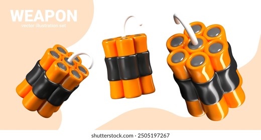 Pack of dynamite sticks with cord. Realistic bundle of explosive elements