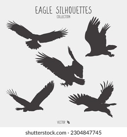 A pack of eagles silhouettes are flying in different positions