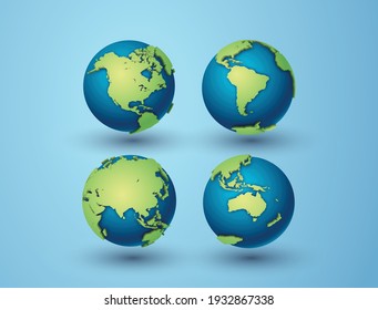 Pack of earth globes with Asia,North America,South America,Australia