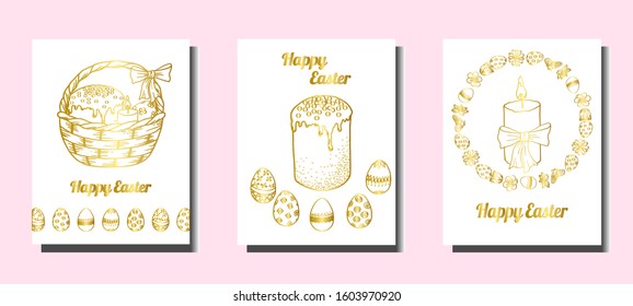 Pack of Easter greeting cards with gold elements on white. 