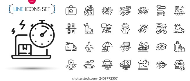 Pack of Eco power, Luggage belt and Plane line icons. Include Baggage, Gift, Food delivery pictogram icons. Parking place, Petrol station, Ship signs. Home charging, Honeymoon travel. Vector