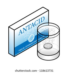 A pack of effervescent antacid tablets and a glass of water.