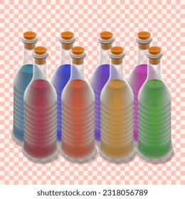 Pack of eight ribbed realistic glass bottles isolated on transparent background. Each bottle filled with a various color liquid: red, puprple, blue, pink, red, yellow, orange, green.