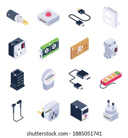 
Pack of Electrical Plugs and Current Isometric Icons 