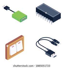 
Pack of Electrical Wires and Switchboard Isometric Icons 