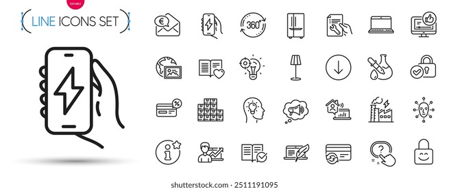 Pack of Electricity factory, Full rotation and Work home line icons. Include Scroll down, Approved documentation, Charging app pictogram icons. Repair document, Face biometrics, Lock signs. Vector