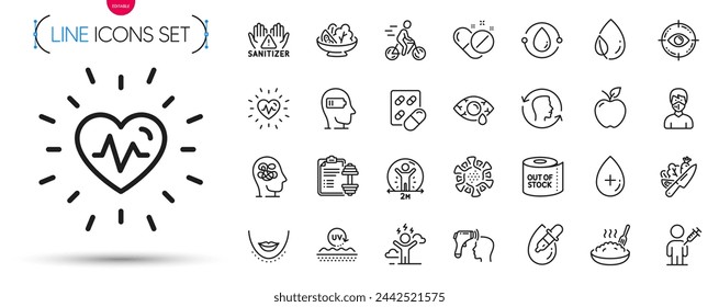 Paquete de termómetro electrónico, ciclista y cápsula de la línea de píldoras iconos. Incluye Dumbbell, Coronavirus, Iconos de pictogramas de ensalada. Signos de diana ocular, vegetal, mascarilla médica. Manzana. Vector