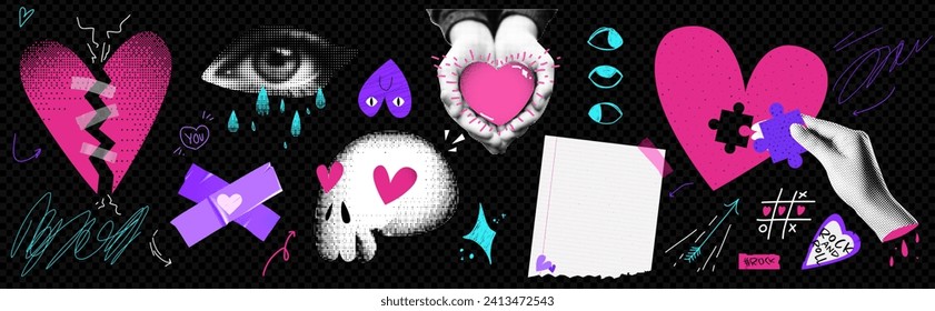 A pack of elements for a collage on the theme of a broken heart. Aesthetics of emo zoomers. Vector trendy  illustration svg