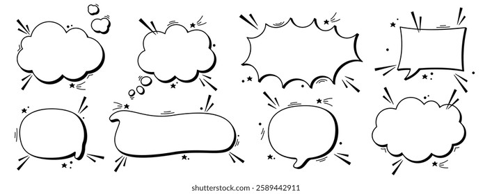 Pack of empty black and white comic speech bubbles with halftone dot elements.