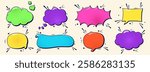Pack of empty color comic speech bubbles halftone dot elements.
