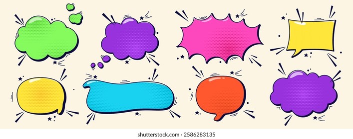 Pack of empty color comic speech bubbles halftone dot elements.