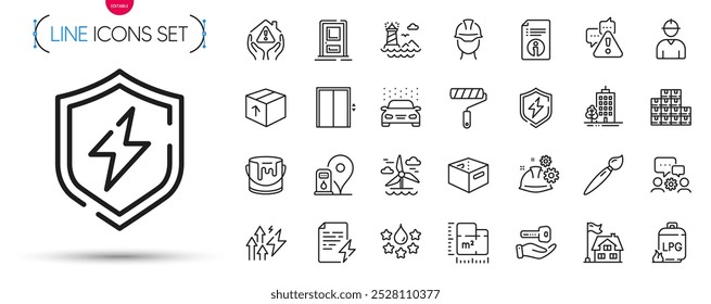 Pacote de inflação de energia, certificado de energia e ícones de linha de processo de trabalho. Incluir edifícios Skyscraper, planta do piso, ícones do pictograma do pacote. Escova, Proteção da casa, Sinais de aviso. Vetor