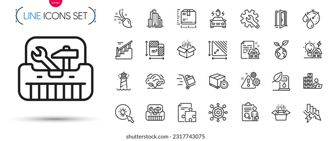 Pack of Energy, Strategy and Skyscraper buildings line icons. Include Open door, Floor plan, Co2 gas pictogram icons. Delivery timer, Warning, Framework signs. Open box, Packing boxes, Toolbox. Vector