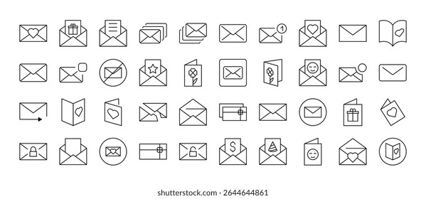 Pacote de Envelope, Mail, Postar Ícones de Linha Relacionados. Outline Signs para Gráficos e Web Design, Apps, Anúncios, Vários Cartões 