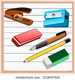 A pack of equipments, consist of pencil, pen, sharpener, eraser, pen eraser, staples