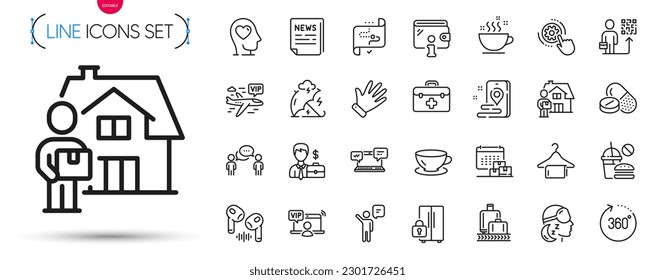 Pack of Espresso, Stress protection and Target path line icons. Include Businessman case, Vip flight, Fast food pictogram icons. Refrigerator, Leadership, Internet chat signs. First aid. Vector