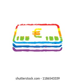 Pack of euro money or vouchers. Business icon. Drawing sign with LGBT style, seven colors of rainbow (red, orange, yellow, green, blue, indigo, violet