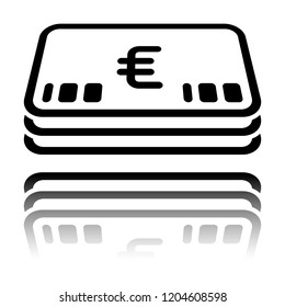Pack of euro money or vouchers. Business icon. Black icon with mirror reflection on white background