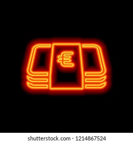 Pack of euro money or vouchers. Business icon. Orange neon style on black background. Light icon