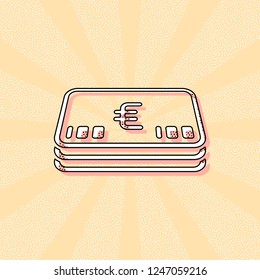 Pack of euro money or vouchers. Business icon. Vintage retro typography with offset printing effect. Dots poster with comics pop art background