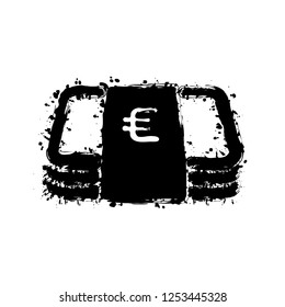Pack of euro money or vouchers. Business icon. Black ink with splashes on white background
