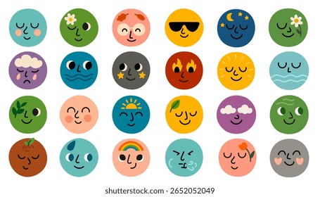 Pack of expressive nature-based emotion faces including clouds, leaves, stars and water. Perfect for playful design, stickers, apps or educational content.