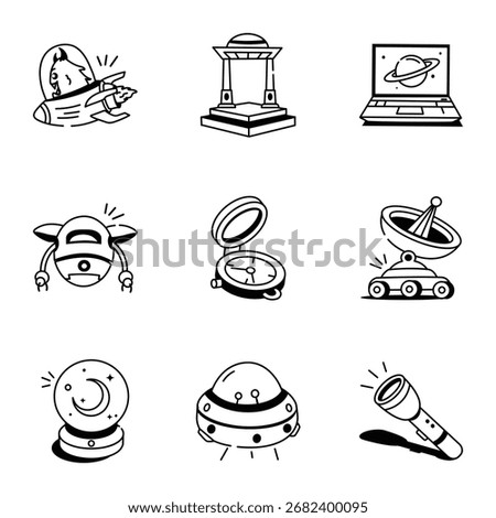 Pack of Extraterrestrial Doodle Style Icons 
