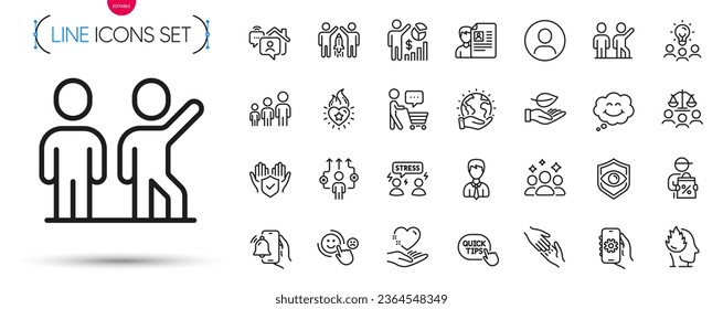 Pack of Eye detect, Customer satisfaction and Difficult stress line icons. Include Helping hand, Insurance hand, Partnership pictogram icons. Business hierarchy, Quick tips, Leaf signs. Vector