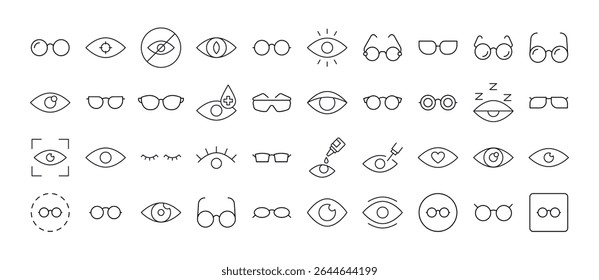Pacote de Olhos e Óculos Ícones de Linha Relacionados. Outline Signs para Gráficos e Web Design, Apps, Anúncios, Vários Cartões 