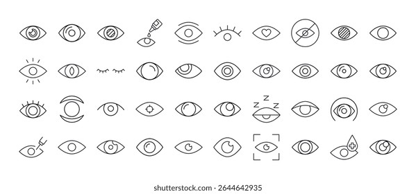 Pacote de Ícones de Linha Relacionados ao Olho. Outline Signs para Gráficos e Web Design, Apps, Anúncios, Vários Cartões 