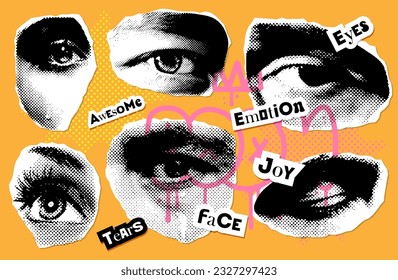 A pack of eyes cut from a magazine paper scraps. Isolated piercing gaze. Vector halftone elements for collage with different emotions. y2k stickers with doodles.