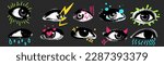 A pack of eyes cut out as if from a magazine. An isolated look. Vector halftone elements for collage with different emotions and doodles. Angry look, with lightning bolts, in love with hearts. 