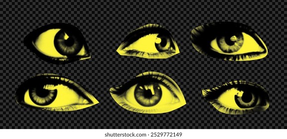 A pack of eyes cut out as if from a magazine. An isolated look. Vector halftone elements for collage with different emotions