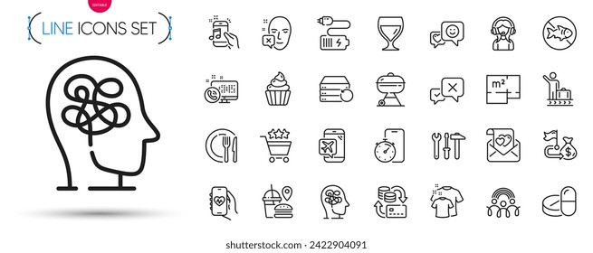 Pack of Face declined, Timer app and Clean t-shirt line icons. Include Smile, Luggage belt, Grill pictogram icons. Fast food, Flight mode, Inclusion signs. Reject, Medical drugs. Vector