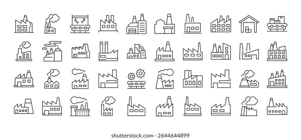 Pacote de Ícones de Linha Relacionados à Fábrica. Outline Signs para Gráficos e Web Design, Apps, Anúncios, Vários Cartões 