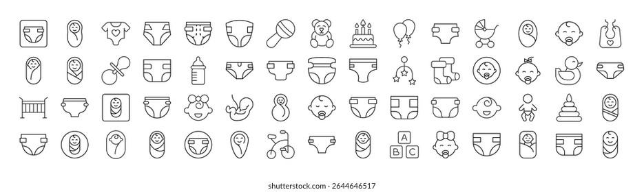 Pacote de família, bebê, fraldas ícones de linha relacionados. Outline Signs para Gráficos e Web Design, Apps, Anúncios, Vários Cartões 
